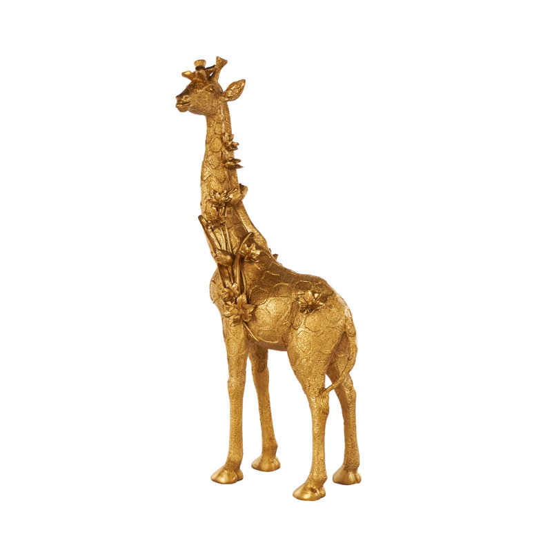 Sculpture Cole et girafe debout debout en résine grise avec des taches texturées et des accents floraux