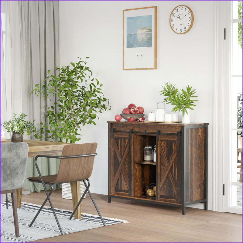 Buffet Buffet | Brun campagne industriel rustique | Portes de grange coulissantes, tablettes réglables | Bois aggloméré + acier