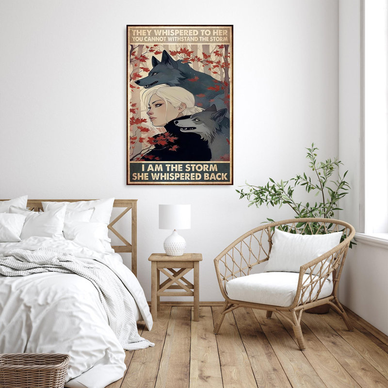 Femme et loup, je suis la tempête sur toile, impression, H 36 po x l 24 po x P 1,25 po
