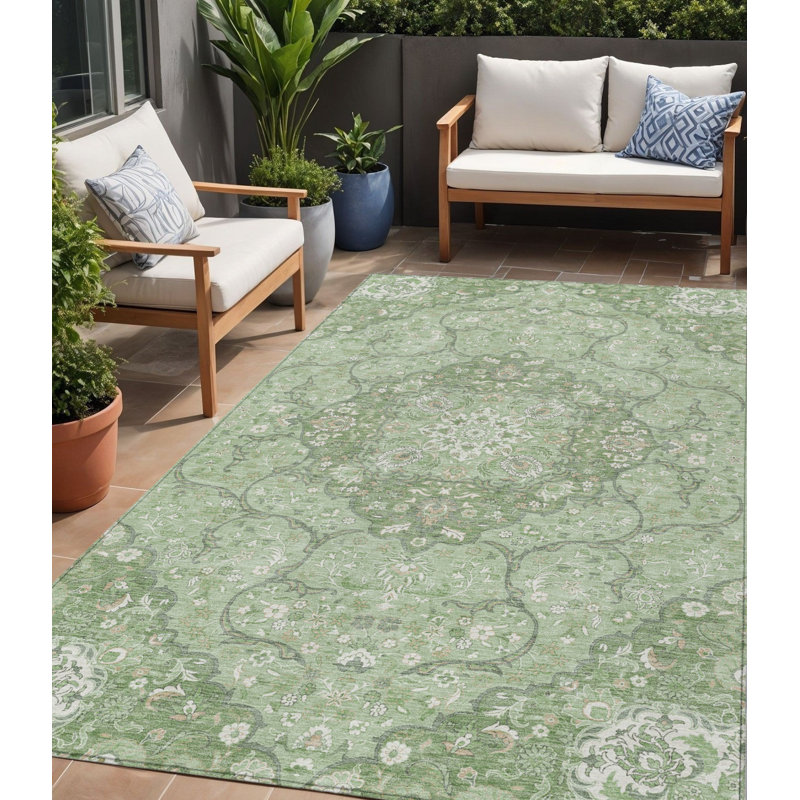 Tapis intérieur / extérieur 5 pi x 8 pi vert et ivoire avec médaillon lavable