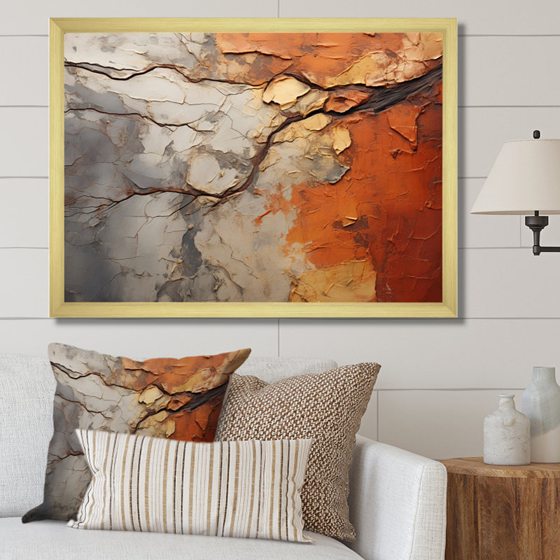 Collage d'arbre de séquoia abstrait orange gris sur toile, H 12 po x l 20 po x P 1 po, Or
