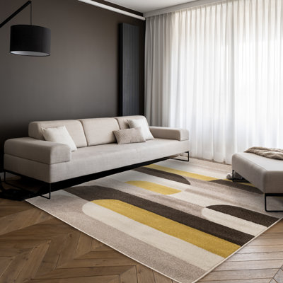 Mentko Modern Yellow Cream Low-Pile Indoor Area Rug