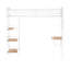 Lit mezzanine simple blanc mat, 3 tablettes de rangement, poste de travail intégré, système de lattes en métal, lit de taille verticale, tablettes ouvertes, métal blanc, panneaux en filet