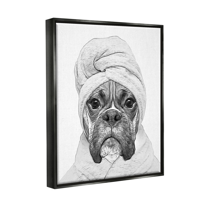 "Chien en peignoir" par Annalisa Latella, Cadre flottant noir de jais, H 31 po x l 25 po x P 1,7 po