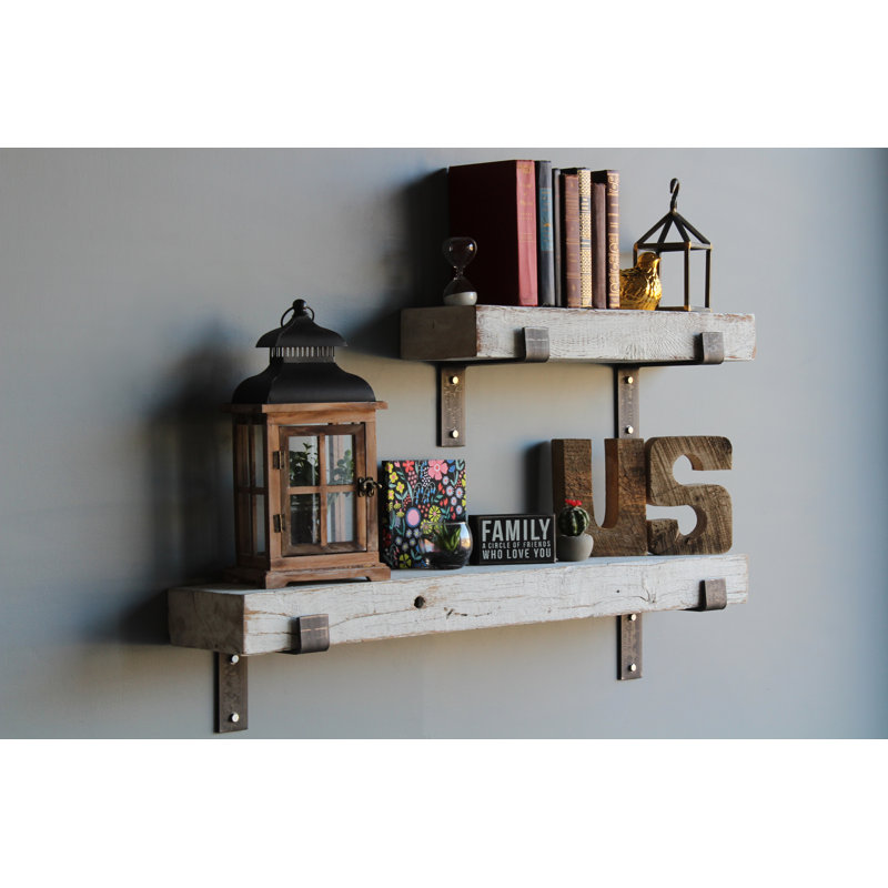 Chumbley 2 Piece Solid Wood Bracket Shelf, White Washed, 24” W - 40" W x 7” D x 3” H (top/bottom shelf)