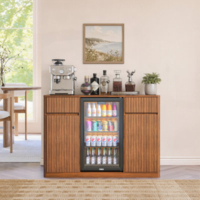 Fluted Buffet Wine Cabinet with Mini Fridge Nook, Fridge Not Included, Charging Station and Adjustable Shelves, Sideboard Storage Cabinet for Kitchen and Living Room