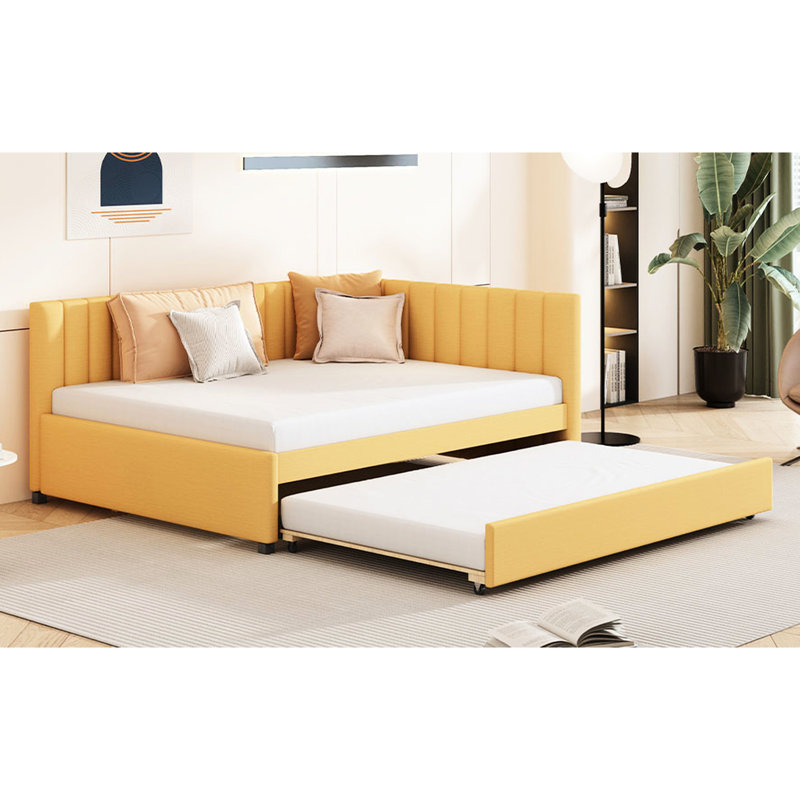 Lit de jour rembourré avec lit gigogne en lin jaune, sans sommier tapissier, structure en bois stable pour un espace de détente gigogne en lin, matériaux robustes, configuration de chambre à coucher pratique