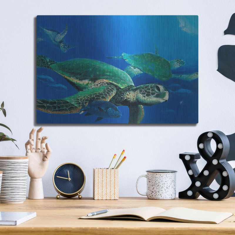 Art mural en métal Beachcrest Home ™ «Green Sea Turtles» par Durwood Coffey, H 12 po x l 16 po