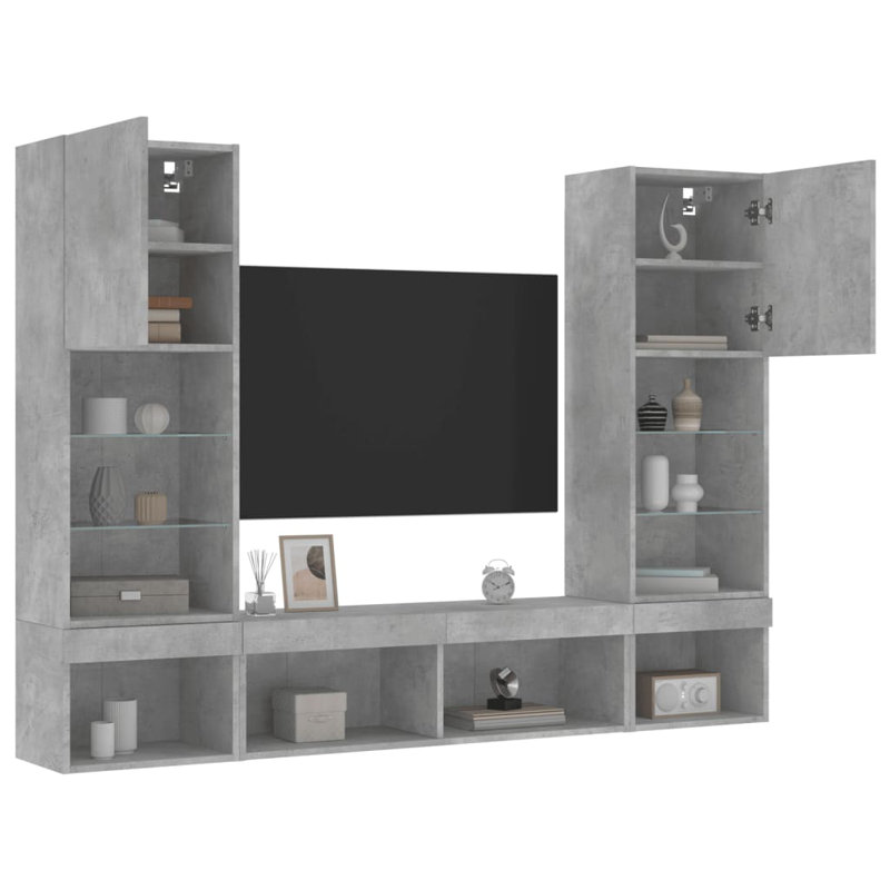  5 Piece TV Wall Units With LED Engineered Wood, Concrete Grey