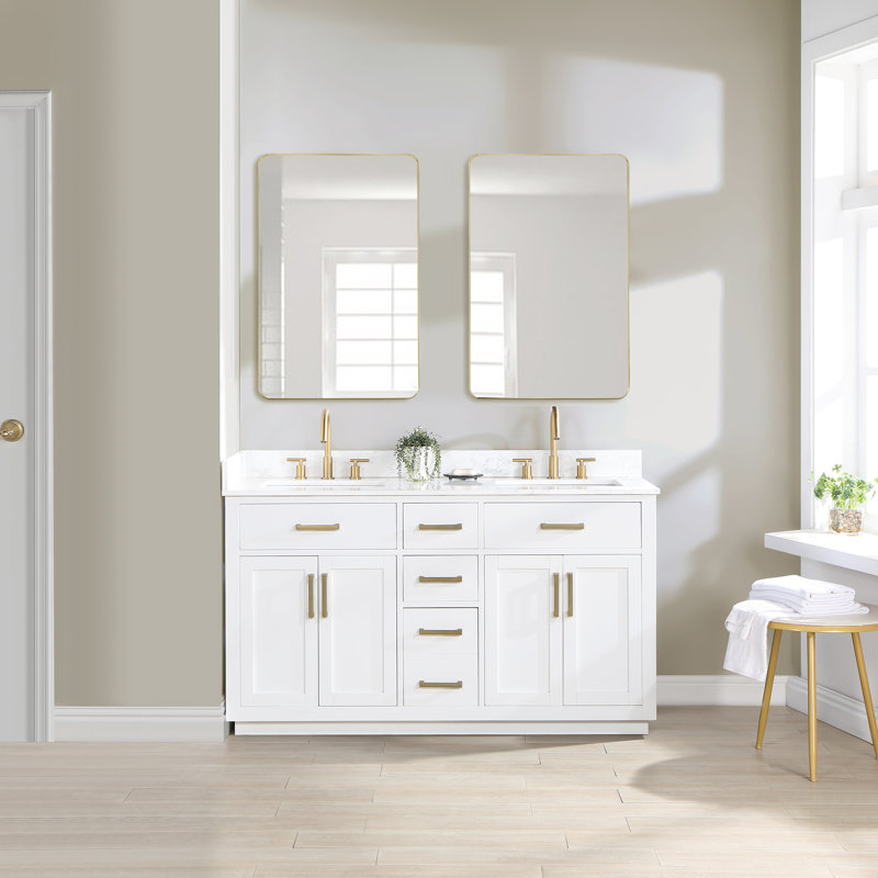 Gavino Double Bathroom Vanity Set with Mirror, Blue, Gold, 60"