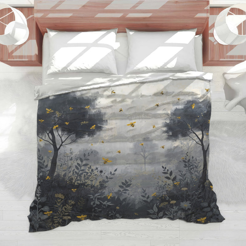 Gray Trees With Bees Comforter, Queen