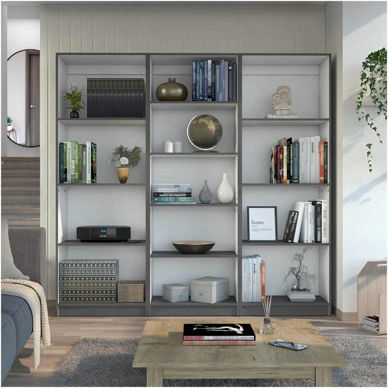 Ensemble de bibliothèque 3 pièces Lainor, 74 po de largeur avec 13 tablettes, ensemble de salon Gris mat - Blanc