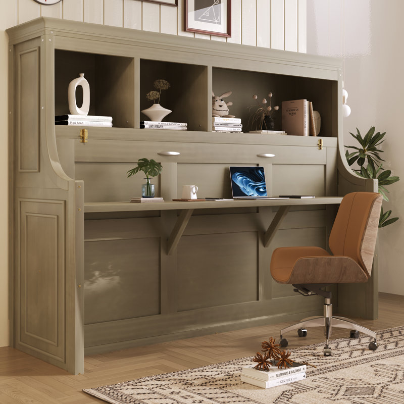Lit escamotable simple avec bureau et tablettes de rangement, lit peu encombrant pour chambre d'amis ou bureau à domicile, aucun sommier requis