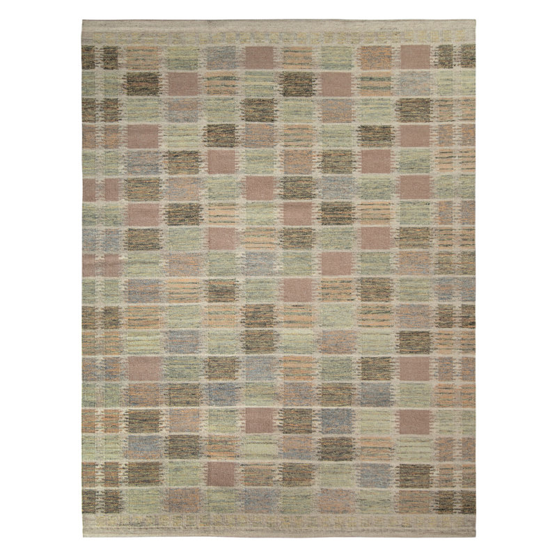 Scandinavian Hand Knotted Wool Geometric Area Rug, Rectangle 10' x 14'