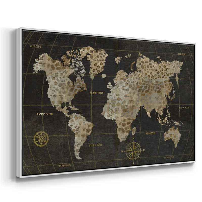 " Safari World Map " Print, 25" H x 37" W x 2" D, White Framed