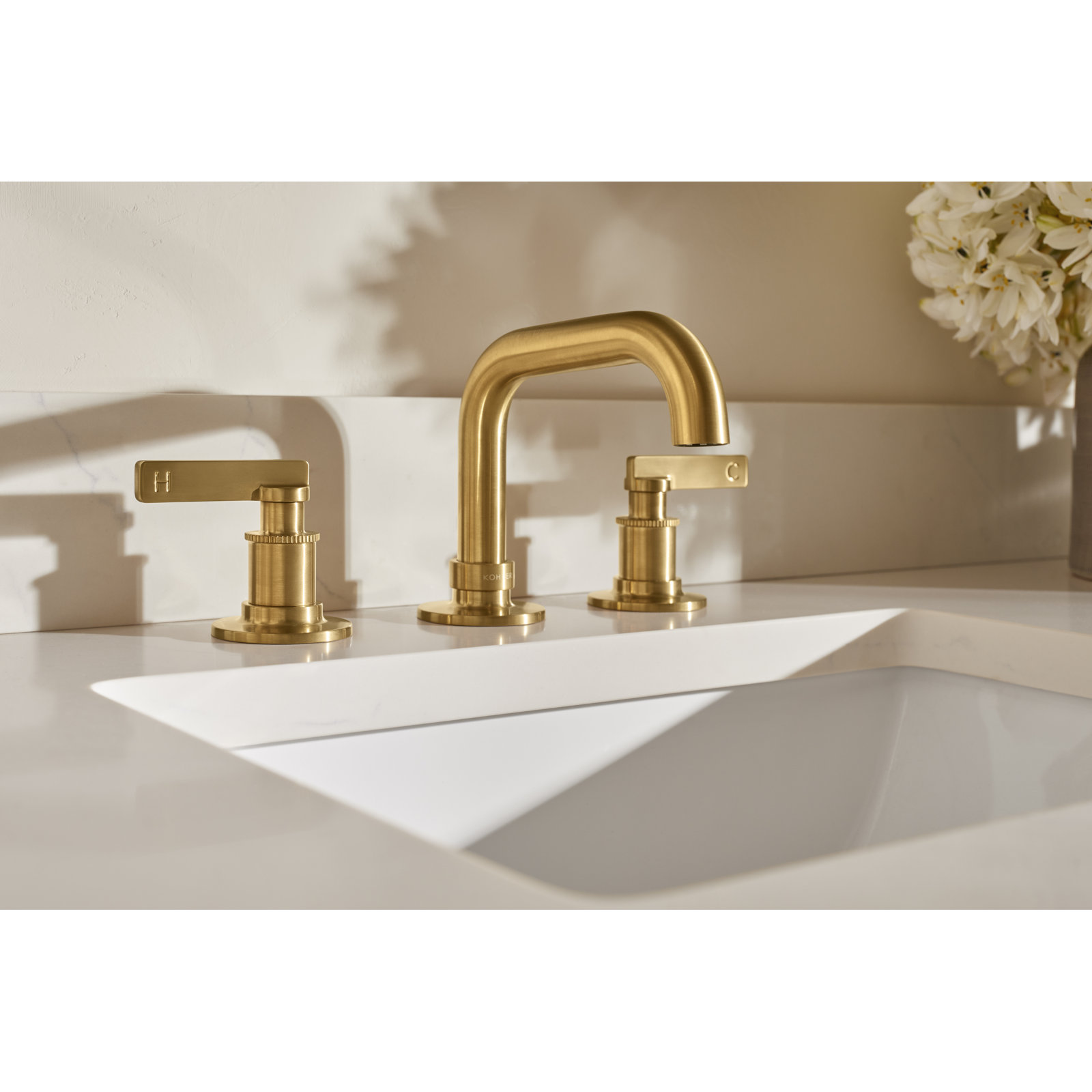 Castia Widespread Bathroom Sink Faucet, Vibrant Brushed Moderne Brass