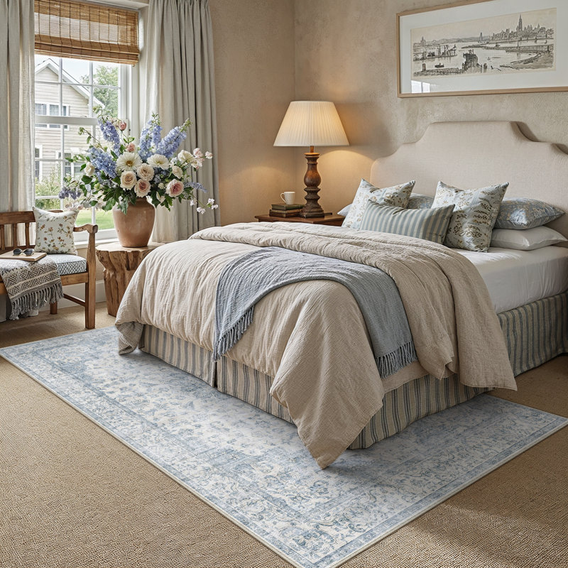 Tapis oriental lavable avec envers antidérapant Selena, Bleu, Rectangle 6 pi x 9 pi