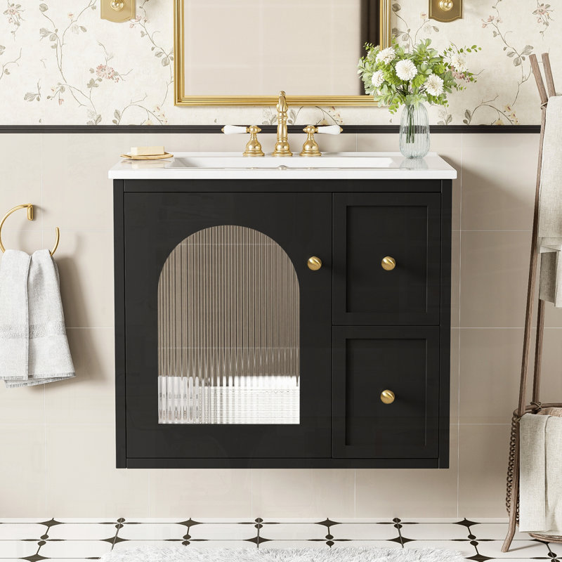 Meuble-lavabo mural avec tiroirs en céramique, Noir