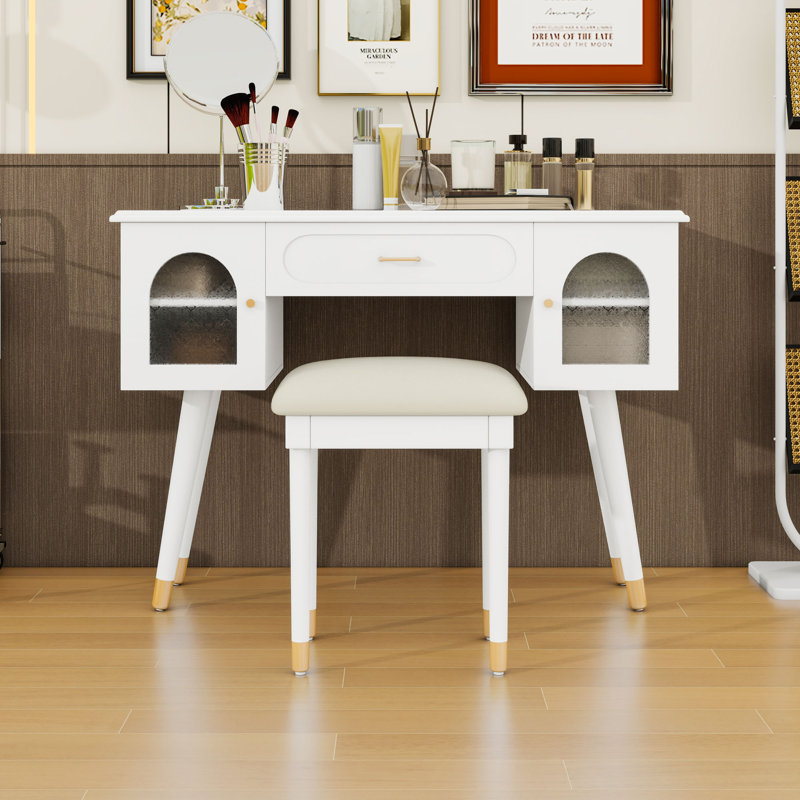Coiffeuse de maquillage avec rangement, ports électriques intégrés et fauteuil rembourré, Blanc