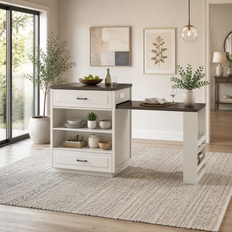 Îlot de cuisine 83,1 po avec table coulissante et supports de rangement pour 2 à 6 personnes, îlot de cuisine avec portes en verre trempé