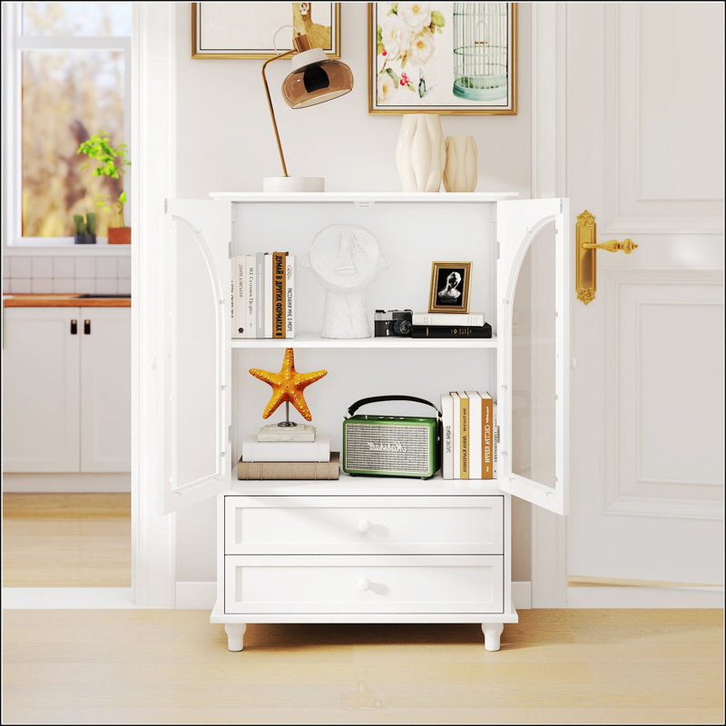 Armoire de rangement blanche de style campagne avec verre trempé arqué, plateau à niveaux et 2 tiroirs pour une organisation élégante à la maison