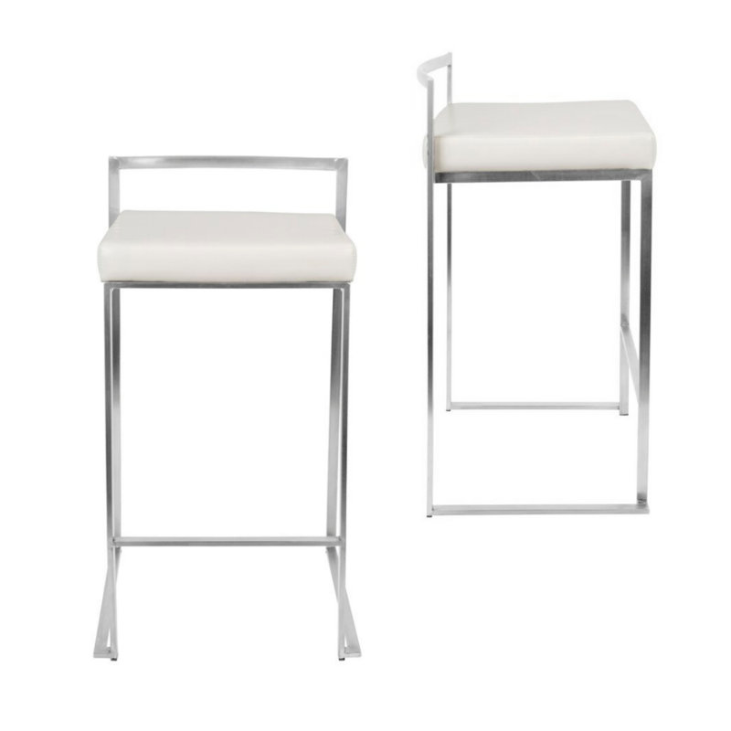 Upholstered Counter Stool with Metal Frame, Chrome, White