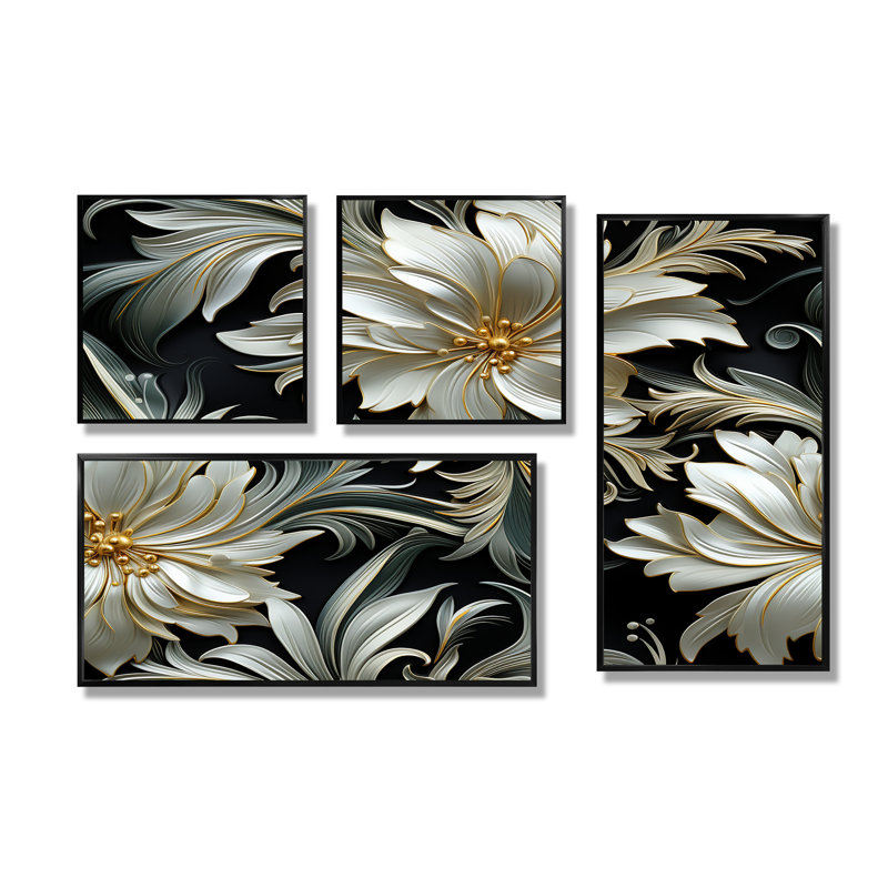 Motif de fleurs grises exotiques - chalet blanc, impressions sur toile traditionnelles, 4 pièces, Noir
