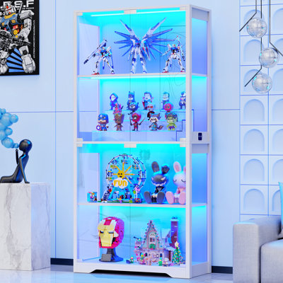 Vitrine avec portes en verre, vitrine à 4 niveaux avec 3 lumières colorées pour objets de collection, trophée bibliothèque pour livres, vitrine en verre avec capteur de corps humain, armoire de rangement