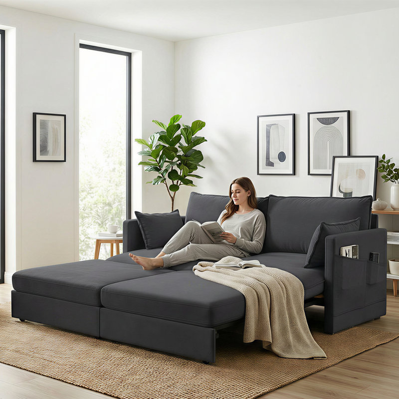 Canapé-lit convertible 3-en-1 avec coussins de rangement - Chaise longue à lit double, gris foncé, Gris