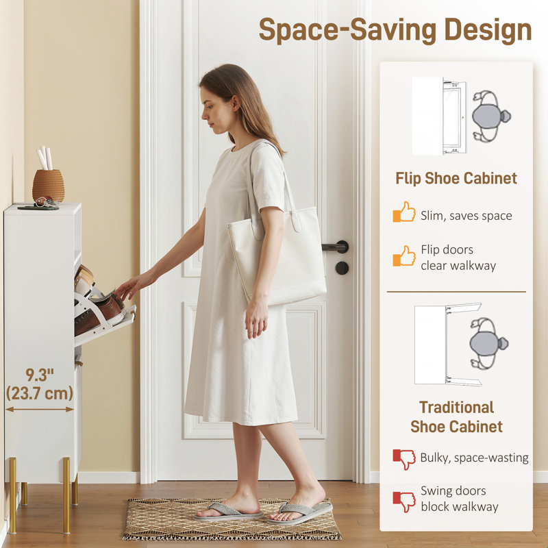 Armoire à chaussures avec 2 tiroirs rabattables, armoire de rangement pour chaussures mince, blanc, Blanc / Doré