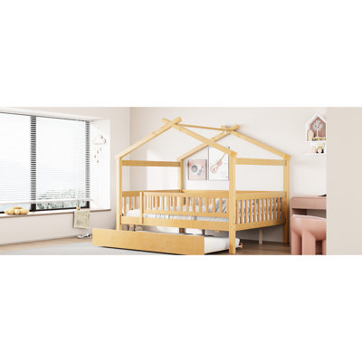 Lit double en bois pleine grandeur avec lit gigogne, finition naturelle, rangement spacieux, bois de pin, 2 têtes de lit pour le confort, instructions d'assemblage disponibles Conception imaginative simple, têtes de lit confortables