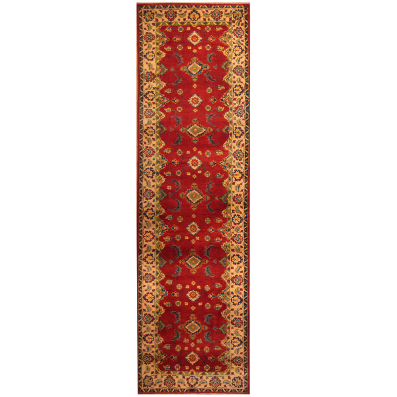 Tapis de couloir rouge / beige en laine noué à la main de conception unique 2 pi 9 po x 9 pi 9 po Jevon