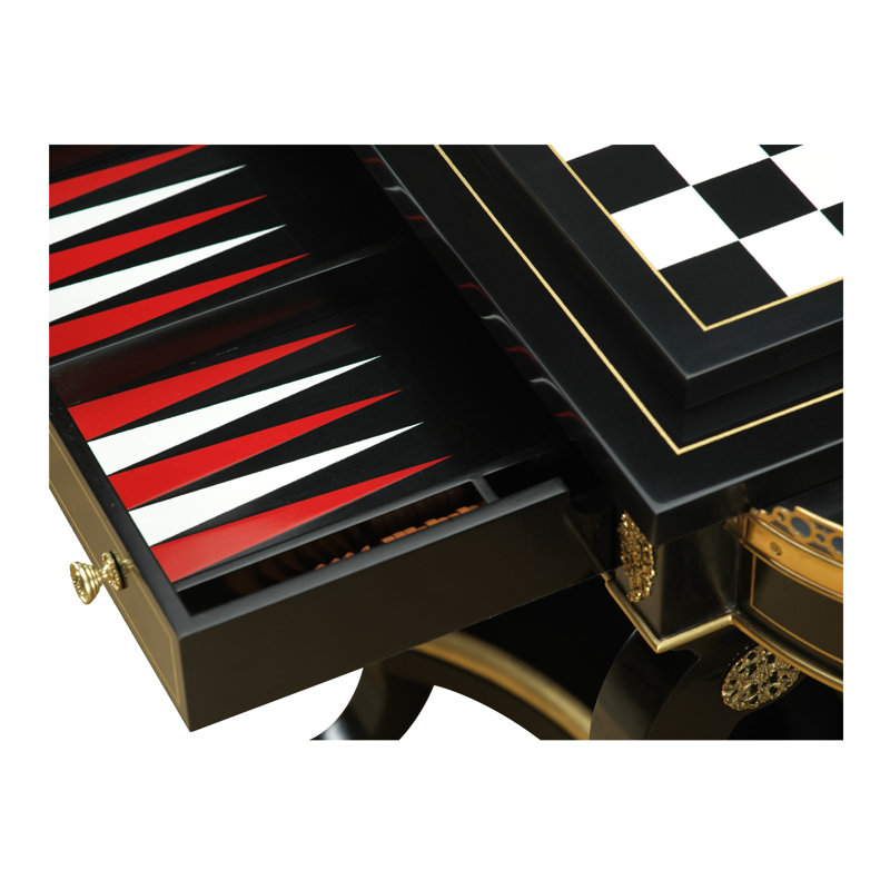 Ebonized and Gold 18" Leather Game Table with Brass Accents