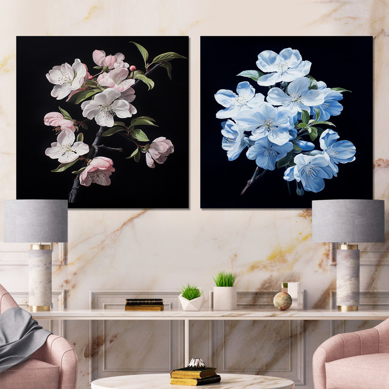 Élégance monochromatique blanche à motif de fleurs de pommier blanc, Toile tendue, H 36 po x l 73 po