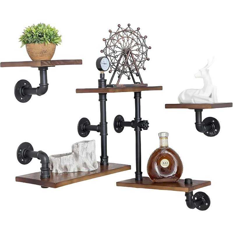 Étagère murale industrielle en tuyaux avec accents de bois rustique