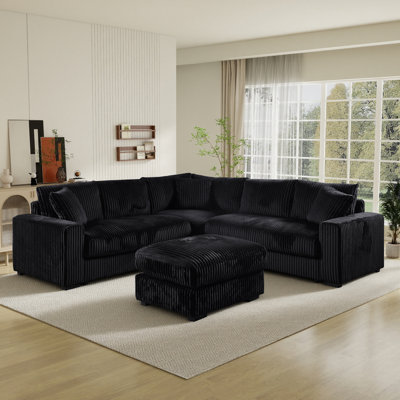 Canapé modulaire en L avec repose-pieds en velours côtelé de 99 po Burwell - Convient aux animaux de compagnie et offre un confort ergonomique pour des salons confortables