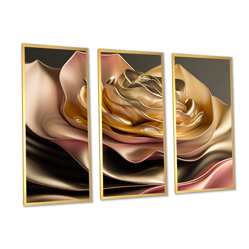 " Retro Vintage Abstract Pink And Gold Flowers III " 3 - Pieces, Natural Framed Canvas, 20" H x 36" W x 1" D