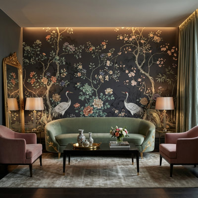 Floral Wallpaper Cranes Oriental Wall Decor