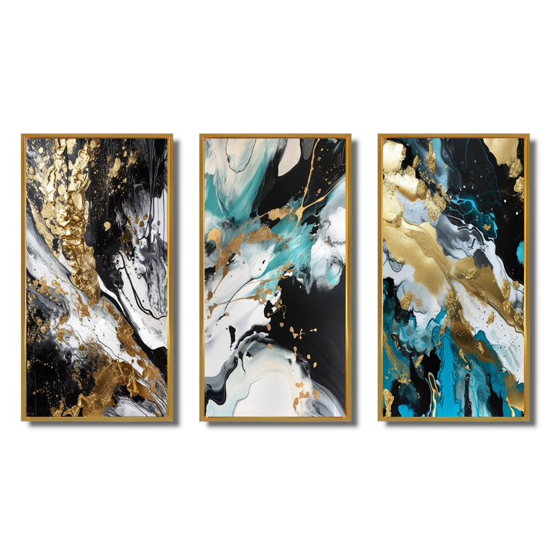 Pleine lune bonheur doré et turquoise abstrait III - Ensemble de 3 peintures abstraites, Cadre flottant doré