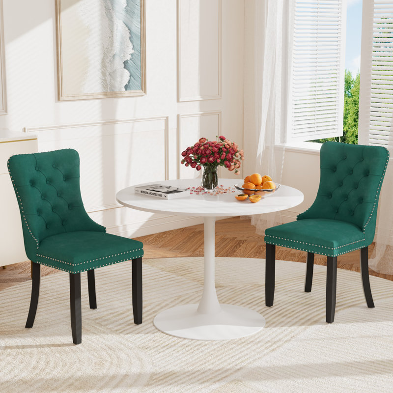 Round Pedestal Dining Set with 2 chairs, Green, White/White