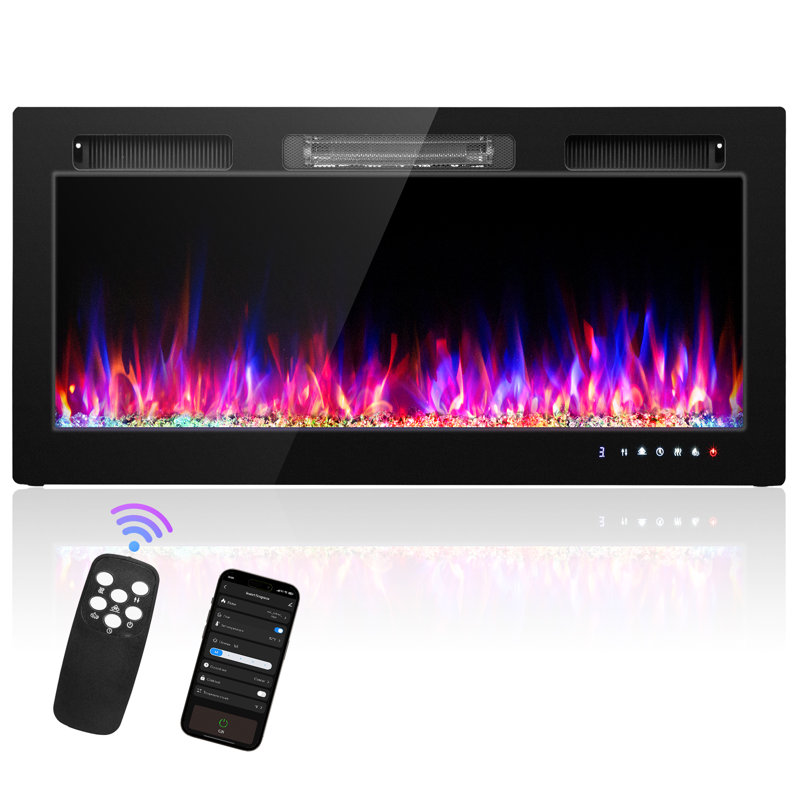 30 po Foyer électrique mural avec 12 couleurs de flammes et fonction Wi-Fi en noir, H 18,5 po x l 30 po x P 4,1 po