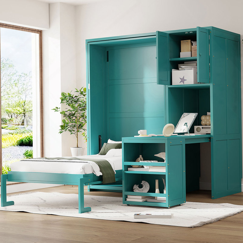 Lit escamotable mural simple avec bibliothèque, armoire supérieure, bureau extensible et rangement latéral, bleu sarcelle