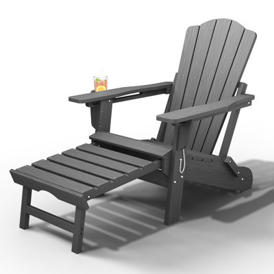Chaise Adirondack pliante en PEHD gris avec repose-pieds rétractable et porte-gobelet