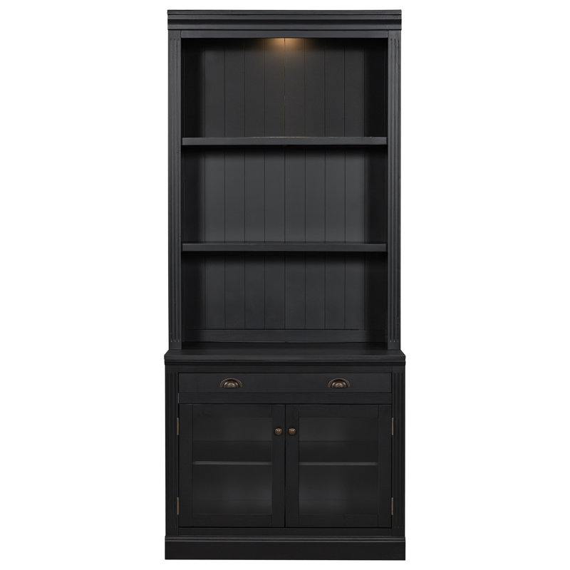 Bibliothèque de 83,4 po de hauteur avec 3 lumières DEL, bibliothèque moderne avec 2 portes en verre et 1 tiroir, bibliothèque avec tablettes ouvertes