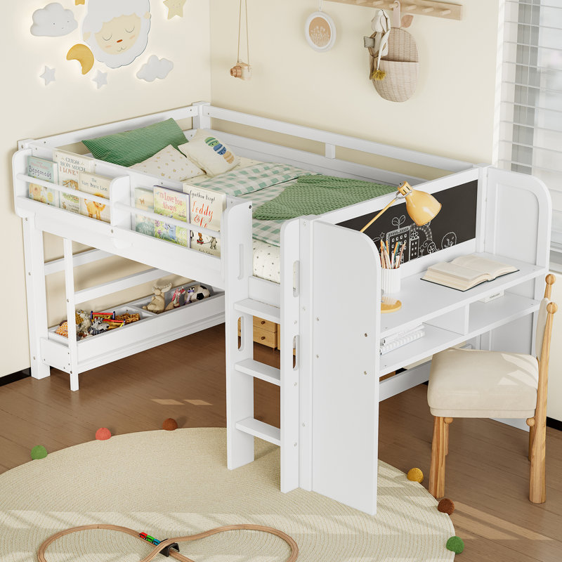 Lit mezzanine simple avec lit mezzanine en bois massif, bibliothèques multiples, tiroirs et boîtes, bureau et tableau noir, lit plateforme pour enfants, aucun sommier nécessaire, blanc