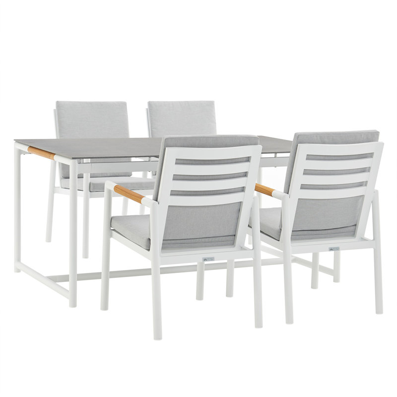 Ensemble repas d'extérieur en aluminium et teck avec coussins 5 pièces Urgeon, Tissu performance gris clair, Blanc