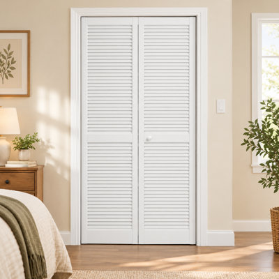 White Primed Louvre Bifold Closet Door with Track and Hardware