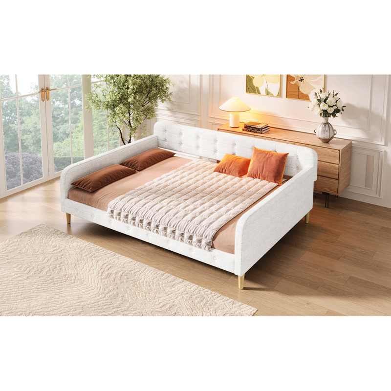 Lit de jour rembourré beige, grand lit, 4 pieds, pin et cadre, fonctionnel pour le salon, taille avec lin, support solide et polyvalent, facile à installer