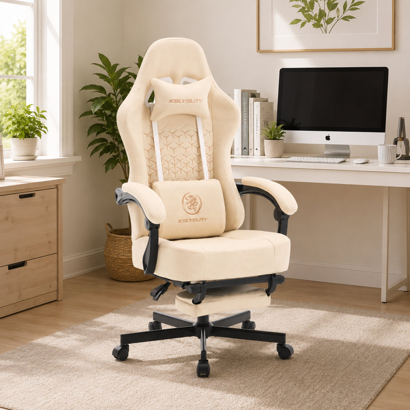 Adjustable Reclining Ergonomic Faux Leather Swiveling PC & Racing Game Chair, Beige Faux Leather