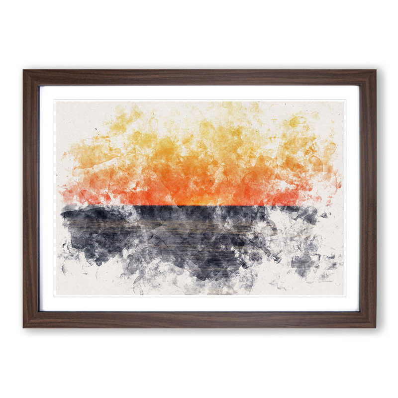 An Orange Sunset Watercolour - Picture Frame Graphic Art Print, 45cm H x 63cm W x 2cm D, Walnut Framed